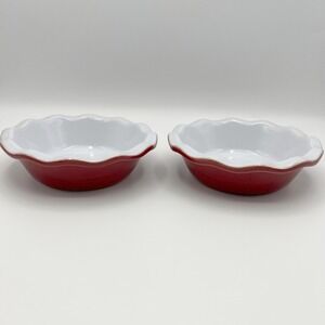 Emile Henry France Red Ceramic Mini Pie Dishes 14cm Scalloped Ruffle Set of 2